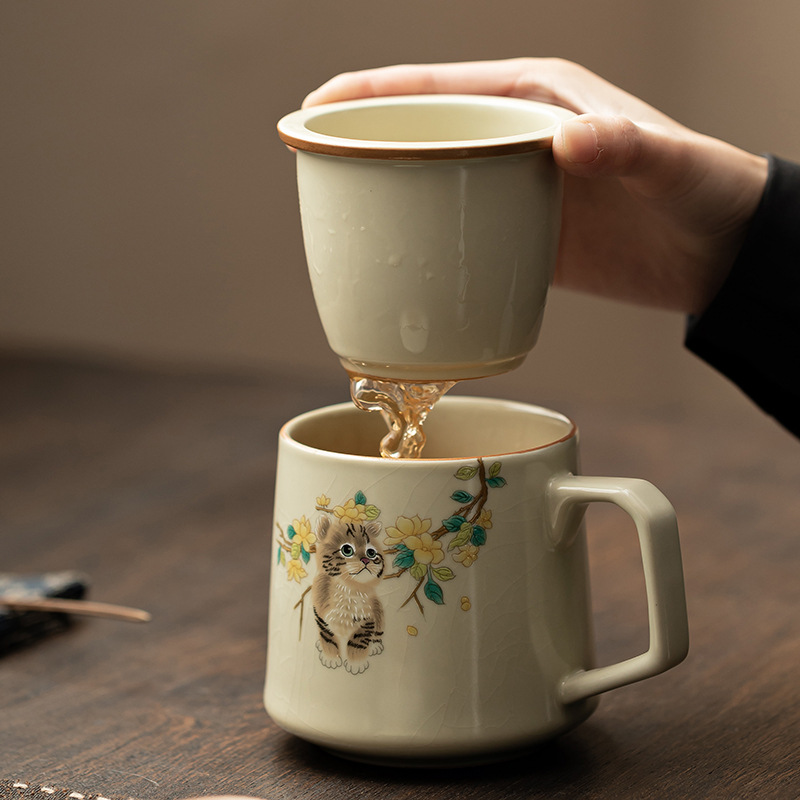 Cốc văn phòng cho mèo dễ thương ở Ruyao, bộ trà có thể nuôi bằng gốm sứ, cốc pha trà lọc, cốc nước, cốc cá nhân gia dụng, cốc có nắp