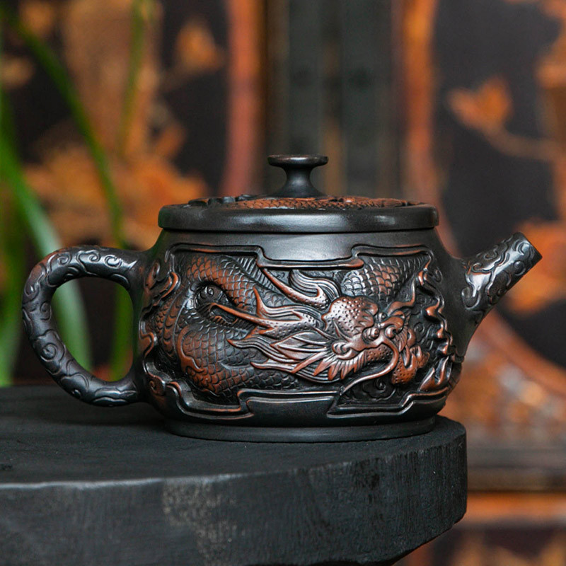 Ấm trà gốm tím ấm trà gốm sứ rồng phượng Hán dụng cụ pha trà Kung Fu gia dụng chạm khắc thủ công dung tích lớn Vân Nam Jianshui