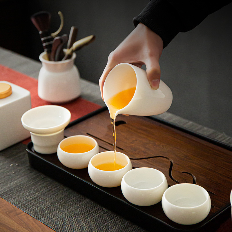 Bộ trà sứ trắng Dehua cao cấp gia dụng đơn giản mỡ cừu ngọc sứ nắp bát sứ trắng tay cầm bên ấm trà cốc sứ bán buôn