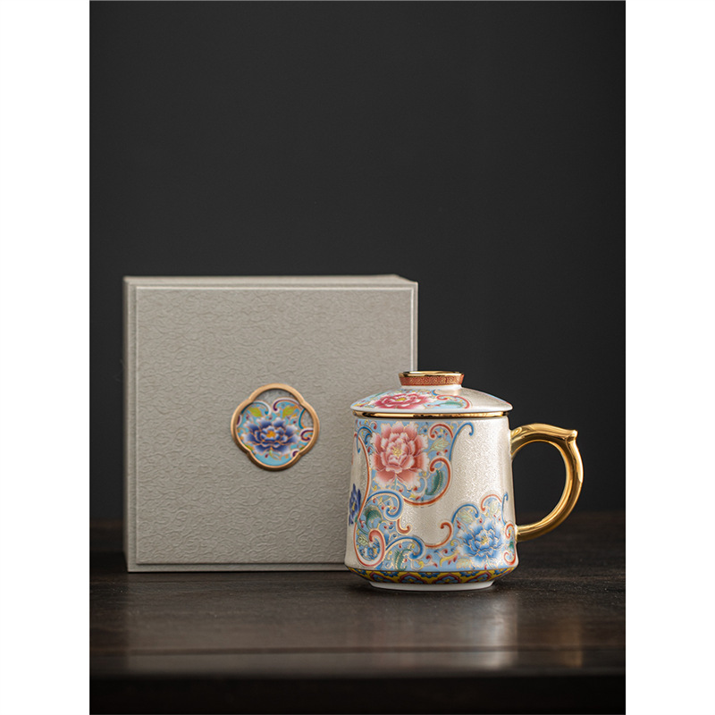 Cốc pha trà tráng men cloisonné bạc nguyên chất cao cấp tách trà gốm sứ chuyên dụng có nắp cốc văn phòng