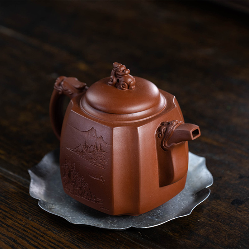 Bán buôn ấm đất sét Tím Yixing Zhuni Dahongpao Sifang Dragon Pot Pixiu Gốm chạm khắc Long Xing Tianxia Pot