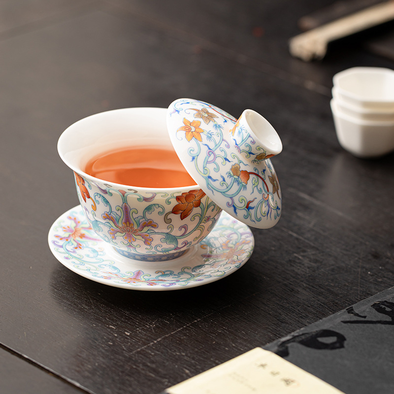 Bát có nắp tam tài sứ trắng Dehua cốc trà kính một chiếc lơ lửng bộ trà gốm sứ Kung Fu màu xanh và trắng nắp bát pha trà lơ lửng