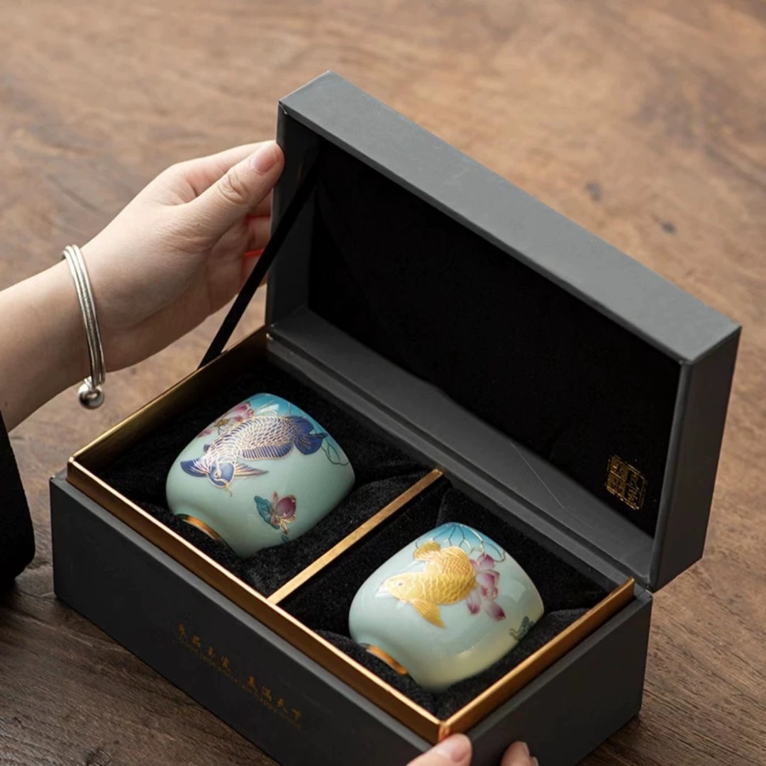 Cá Rồng Vàng Jiqing còn hơn đôi cốc, cốc chủ nhân cao cấp, hộp quà, cốc trà sản phẩm rồng vàng giàu có, cốc trà quà tặng bộ sưu tập