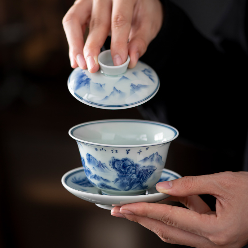 Bát có nắp ba tài cổ điển cốc trà đơn gốm sứ cao cấp bộ trà Kung Fu sứ trắng xanh bát pha trà cỡ lớn nhỏ có nắp