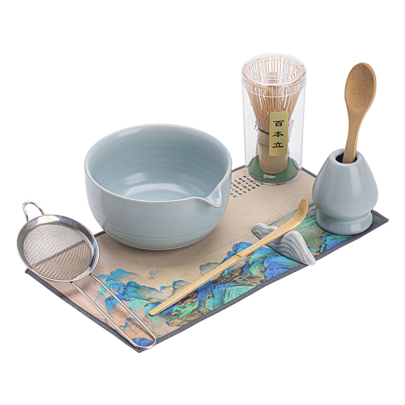 Bộ bốn món Matcha nửa ốc, trà đạo đặt hàng kiểu Nhật, bát matcha gốm sứ, bình trà đứng, bàn chải trà Baixi trà