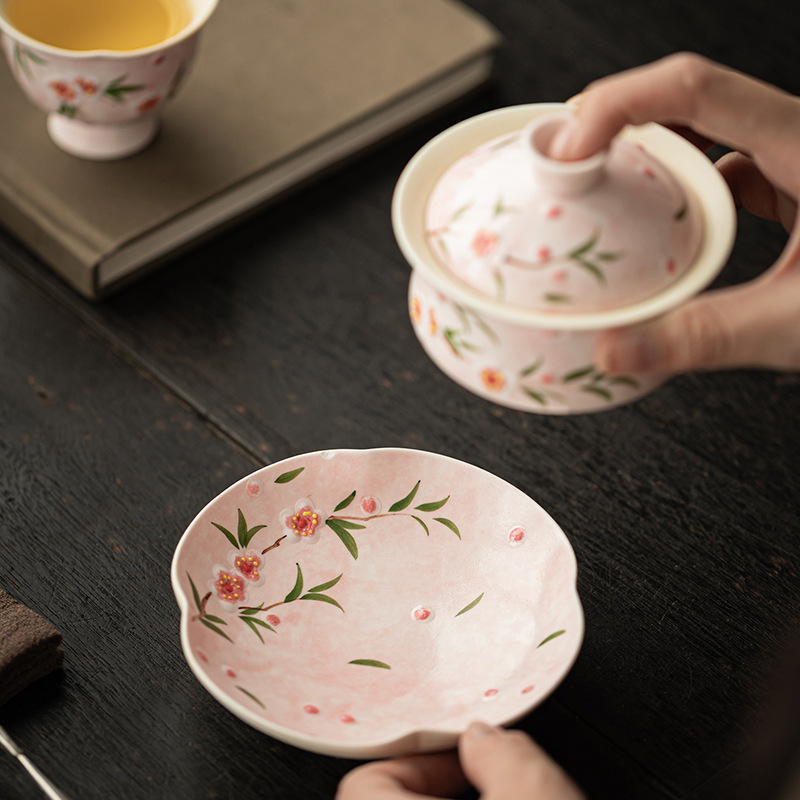 Bát có nắp ba tài hoa đào vẽ tay Bộ trà Kung Fu gốm sứ Trung Quốc Bát trà đơn dụng cụ pha trà đơn giản cho cá nhân