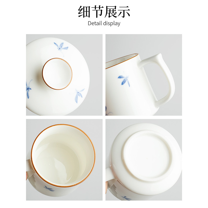 Cốc văn phòng sứ trắng mộc lan vẽ tay cốc nước cá nhân văn phòng gia dụng cốc trà cốc gốm sứ giá trị cao