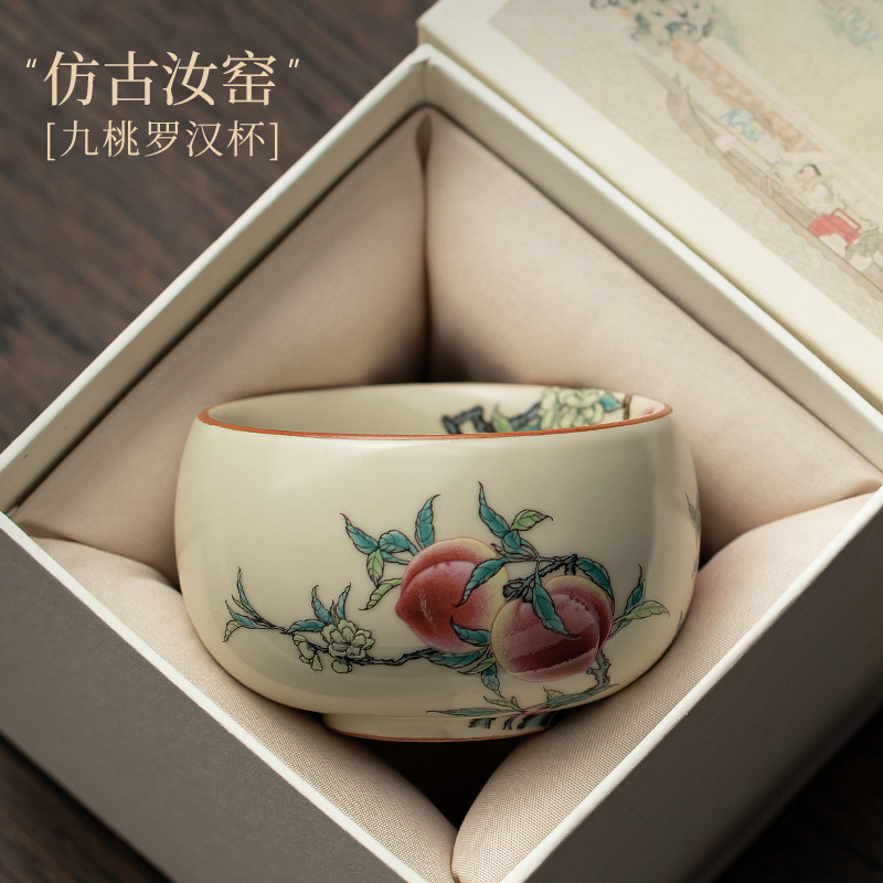Cốc La Hán chín đào lò Ru cổ cốc gia chủ cốc gốm sứ cốc trà có thể nâng cốc uống trà cổ điển kiểu Trung Quốc