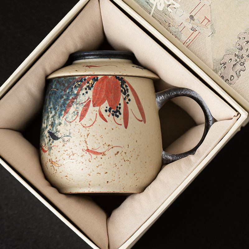 Màu xanh và trắng đá lửa cốc văn phòng màu đỏ chạm khắc vàng vẽ tay hoa sen vần koi cốc có nắp cốc nước cổ điển cốc sứ cốc đơn