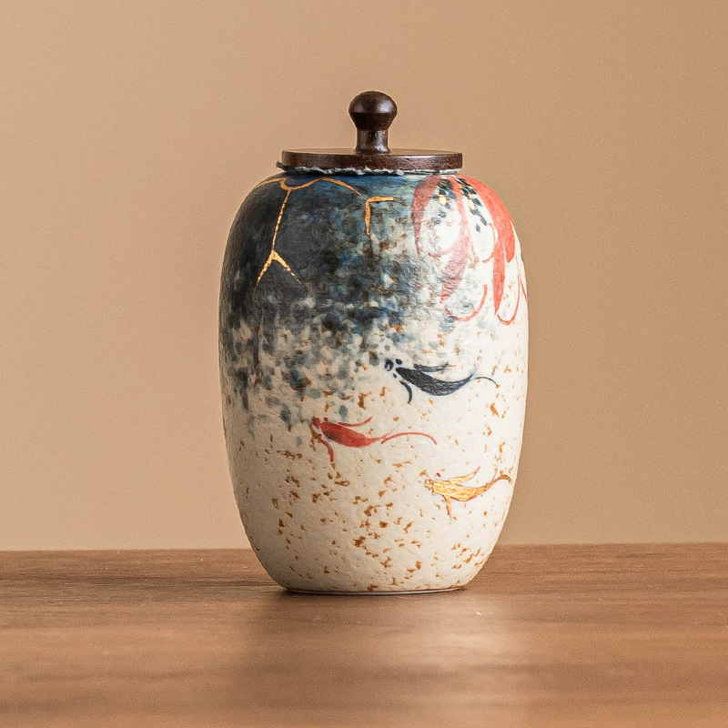 Chậu trà gốm sứ đỏ đá lửa trắng xanh, chậu trà koi vẽ tay hoa sen vẽ tay, chậu trà kín, cầm tay