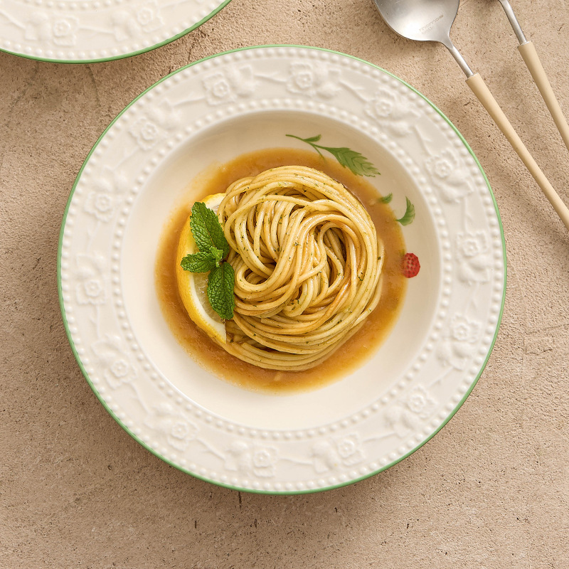 Đĩa sâu gốm sứ dâu dập nổi Đĩa mì Ý Đĩa cảm giác cao cấp Đĩa gia dụng Đĩa ăn sáng hình tròn Đĩa salad trái cây