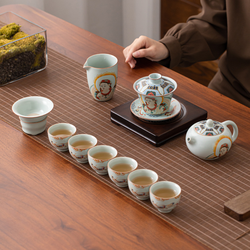 Bộ ấm chén trà treo tường Dunhuang Ru Kiln, bộ pha trà gốm sứ sáng tạo văn hóa Trung Hoa với ấm Xi Shi, chén có nắp và tách trà