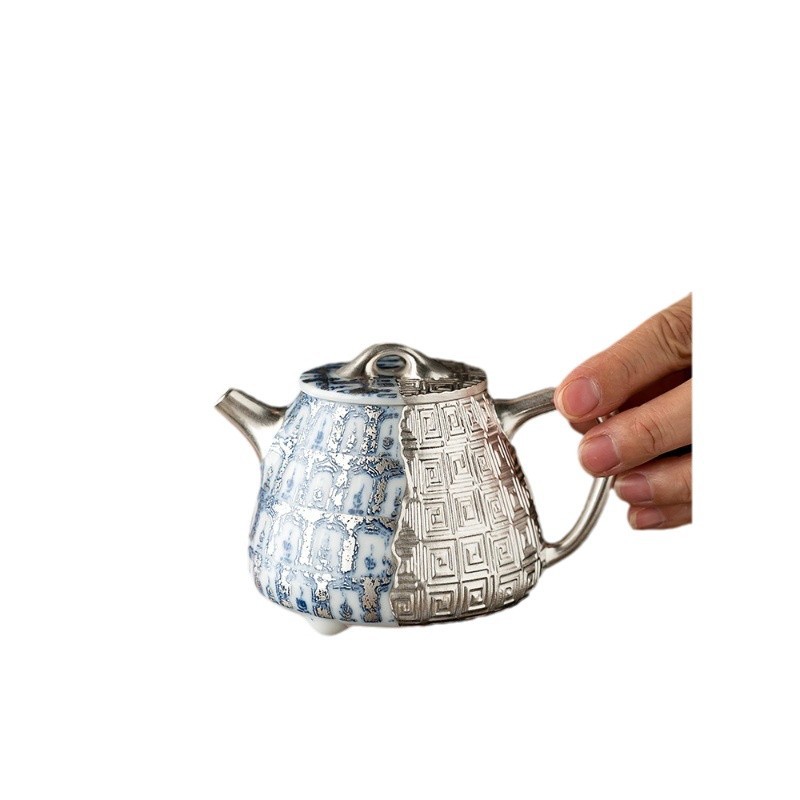 Ấm trà bạc nguyên chất He Fusen Ấm pha trà xanh trắng Vạn Phật ở Động Đôn Hoàng