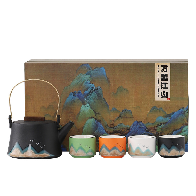 Bộ trà Kung Fu Thousand Miles Giang Sơn Bộ nhỏ gia dụng đơn giản sang trọng nhẹ xà nâng ấm chén trà gốm sứ bán buôn quà tặng