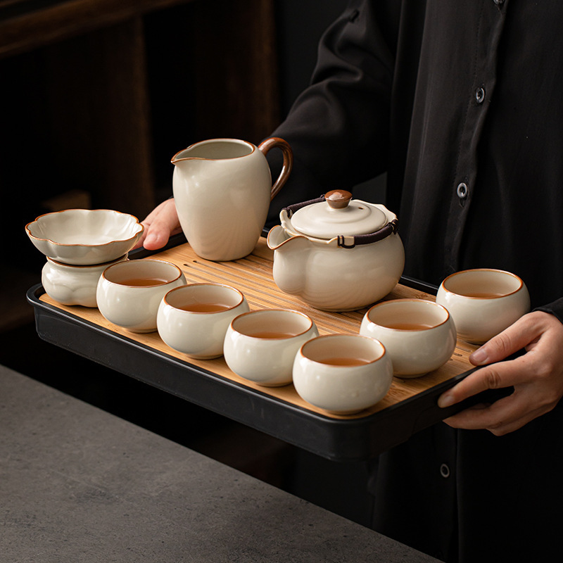 Bộ dụng cụ pha trà Kung Fu Ru Kiln mẫu mới 2025 Bộ dụng cụ pha trà uống trà văn phòng gia dụng bộ cốc trà ấm trà