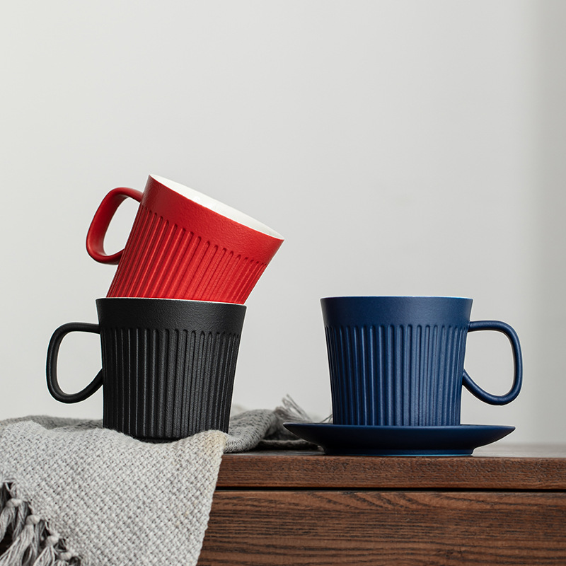 Cốc cà phê sọc dọc màu xanh lá cây kiểu Nhật Cốc gốm sứ Cốc uống nước dung tích lớn có đĩa đáy cốc ăn sáng cốc sữa