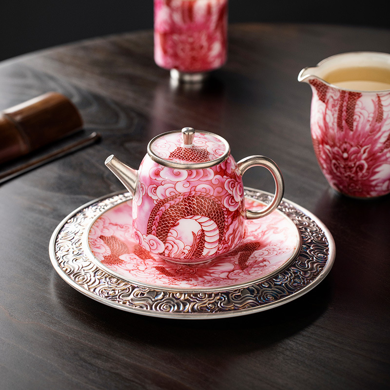 He Fusen mạ bạc carmine Dragon Four Seas Ấm trà Quà tặng sinh nhật cho cha mẹ và người lớn tuổi