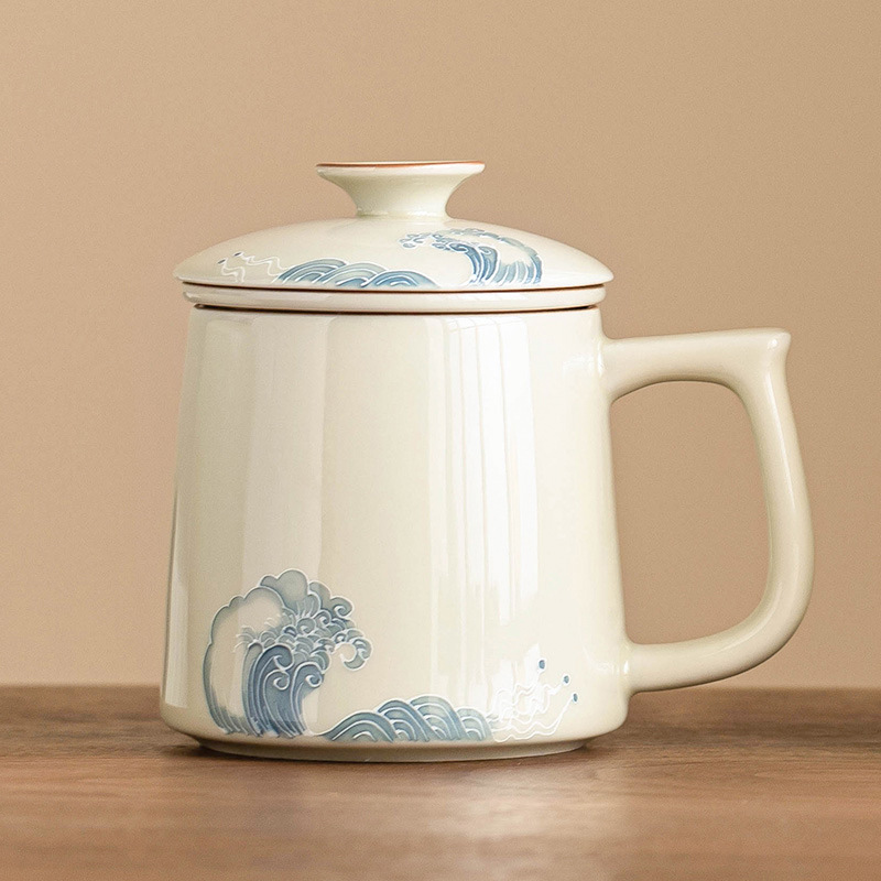 Cốc nước chạm khắc sóng biển vẽ tay cốc gốm sứ gia dụng có nắp cốc trà tách trà lớn cốc văn phòng cốc nước