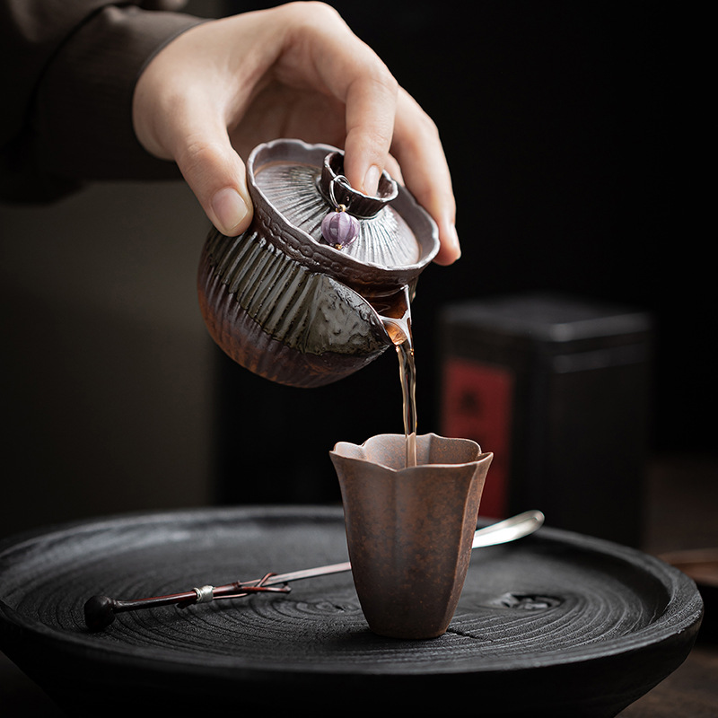 Ấm cầm tay kẻ sọc bùn đá cũ ấm trà gốm sứ thủ công cổ điển ấm trà công phu ấm đơn gia dụng nhỏ không nóng