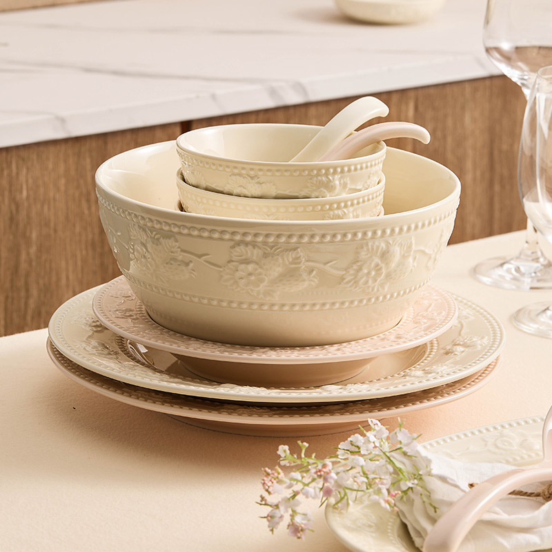 Bộ bát chạm nổi Bộ bát đĩa tráng men màu Bộ bát đĩa gốm sứ sáng tạo giá trị cao