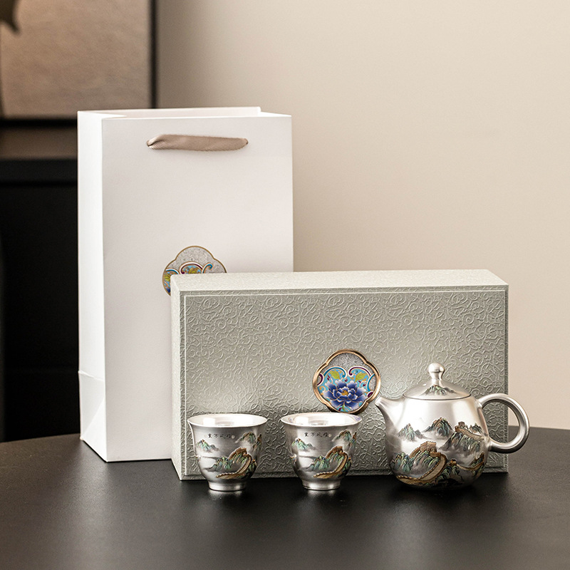Bộ ấm trà 999 bạc mạ bạc Xiongfeng Wanli bộ ấm trà gia dụng một ấm hai cốc cao cấp sang trọng ấm trà hộp quà