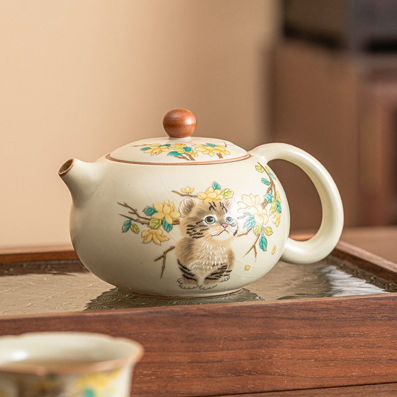 Ru Kiln Yellow Flower Mengmao Xi Shi Ấm trà gia dụng Bộ trà Kung Fu gốm sứ có thể mở một bộ hai cốc