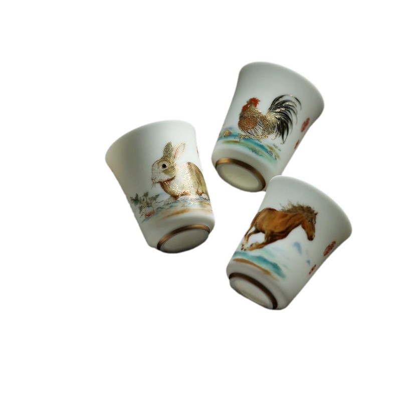 Cốc trà ngọc bích mỡ cừu sứ trắng Dehua, cốc chủ nhân, bộ trà Kung Fu 12 cung hoàng đạo, phong cách Trung Quốc cá nhân