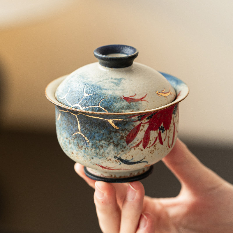 Nhà máy màu xanh và trắng đá lửa bát nắp đỏ cốc trà vàng vẽ tay hoa sen vần Koi bát trà có nắp bộ trà Kung Fu gốm sứ