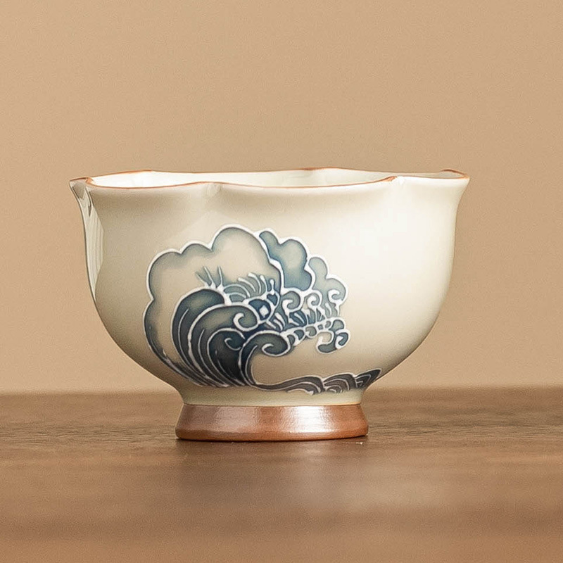 Cốc nụ hoa sóng chạm khắc xếp chồng cốc trà vẽ tay kiểu Trung Quốc cốc chủ nhân bộ trà gốm sứ đơn giản hộp quà tặng chén trà Kung Fu