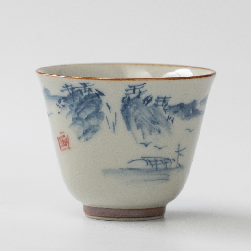 Vẽ tay phong cảnh cỏ tro cốc trà cốc đơn hộ gia đình gốm sứ retro chủ cốc Kung Fu trà trà cốc