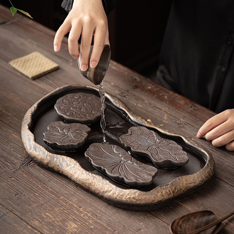 Khay bong bóng khô hồ sen tráng men mạ vàng kiểu Nhật khay đựng trà lớn bằng gốm thô khay đựng trà kiểu thoát nước khay gia dụng