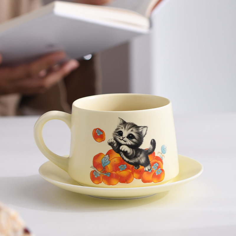 Cốc cà phê vẽ tay gốm sứ hồng mèo cốc lọc cốc trà gia dụng bộ đĩa cốc trà chiều văn phòng