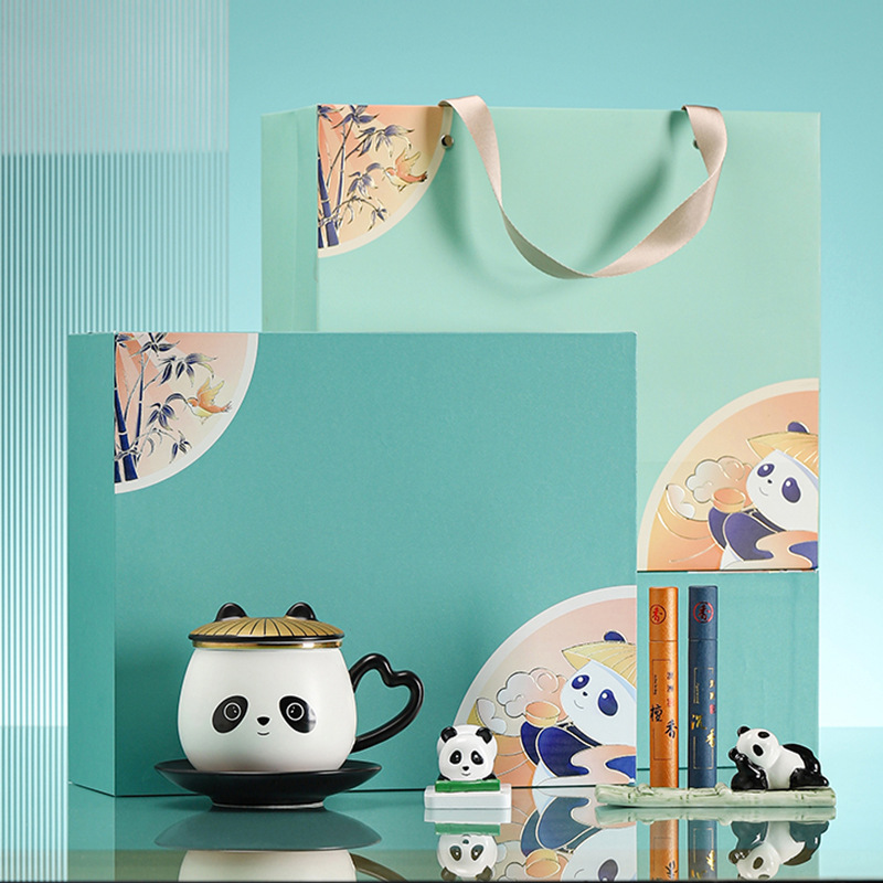 Bộ quà tặng gốm sứ gấu trúc, lễ kỷ niệm thường niên, quà lưu niệm, phong cách quốc gia dễ thương, gửi khách hàng và bạn bè, có thể là LOGO