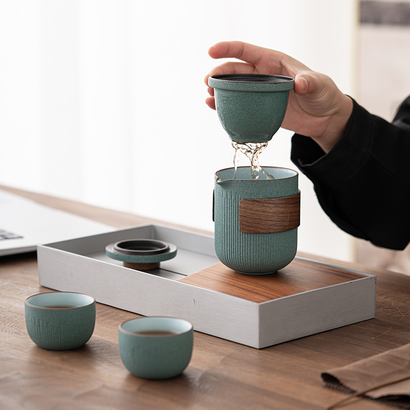 Cốc Yanxi Kuaike một ấm bốn cốc Túi đựng đồ gốm sứ Di động Bộ trà du lịch cắm trại ngoài trời du lịch