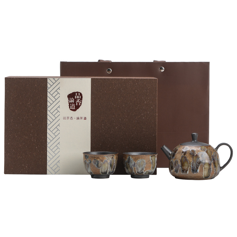Bộ trà thay đổi lò tráng men sáp ong một ấm hai cốc nhóm trà gốm sứ cổ điển ấm trà có nắp cốc trà kèm quà tặng