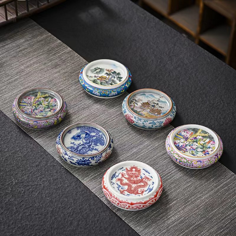 Nắp cổ tráng men gốm sứ thủy triều cốc trà phong cách quốc gia đệm cách nhiệt phụ kiện trà đạo sứ trắng xanh sang trọng nhẹ bán buôn