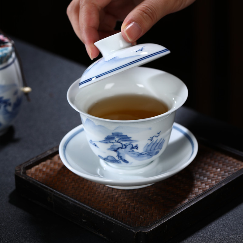 Bộ ấm trà Kung Fu bằng sứ trắng xanh Jingdezhen Bộ ấm trà vẽ tay đơn giản kiểu Trung Quốc có nắp chén trà hộp quà trọn bộ quà tặng