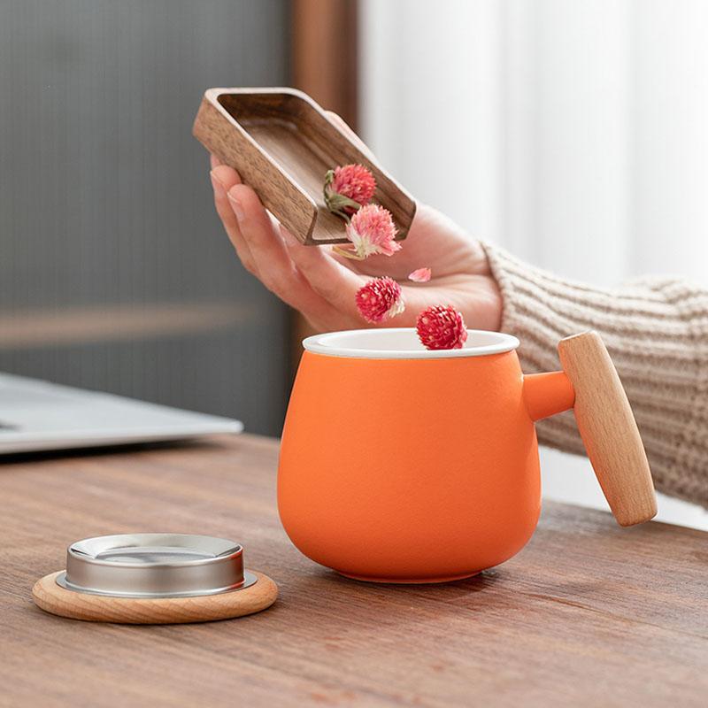 Ly trà gốm sứ tách nước có nắp lọc, ly văn phòng, cốc cá nhân, cốc đôi dễ thương