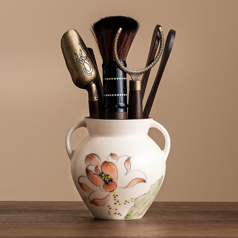 Bộ trà đạo sáu quý ông màu hồng vẽ tay hoa sen hai tai sáu quý ông ống trà phụ kiện cắm hoa hộp đựng bút trang trí