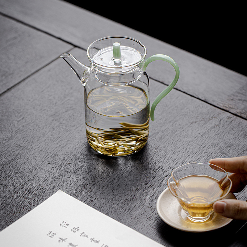 Ấm trà xanh thủy tinh chịu nhiệt giả Song ấm pha lạnh cỡ nhỏ kiểu Nhật ấm trà hoa có lưới lọc