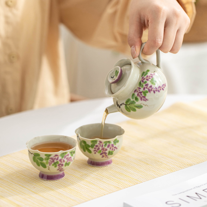 Bộ ấm trà Kung Fu nho vẽ tay bộ ấm trà gia dụng màu men xám thực vật bộ túi đựng đồ du lịch