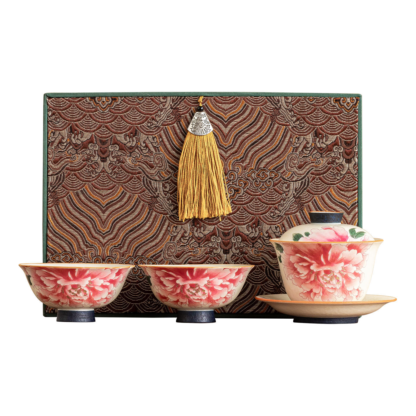 Bộ ấm chén trà ba món màu trắng đá khoáng, hoa mẫu đơn vàng, gốm sứ, di động, du lịch ngoài trời