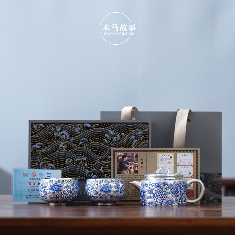 Bộ trà bạc trắng và xanh sáng tạo văn hóa Đôn Hoàng với một nồi và hai cốc làm quà tặng cho người lớn tuổi và người nước ngoài Quà lưu niệm kinh doanh của công ty
