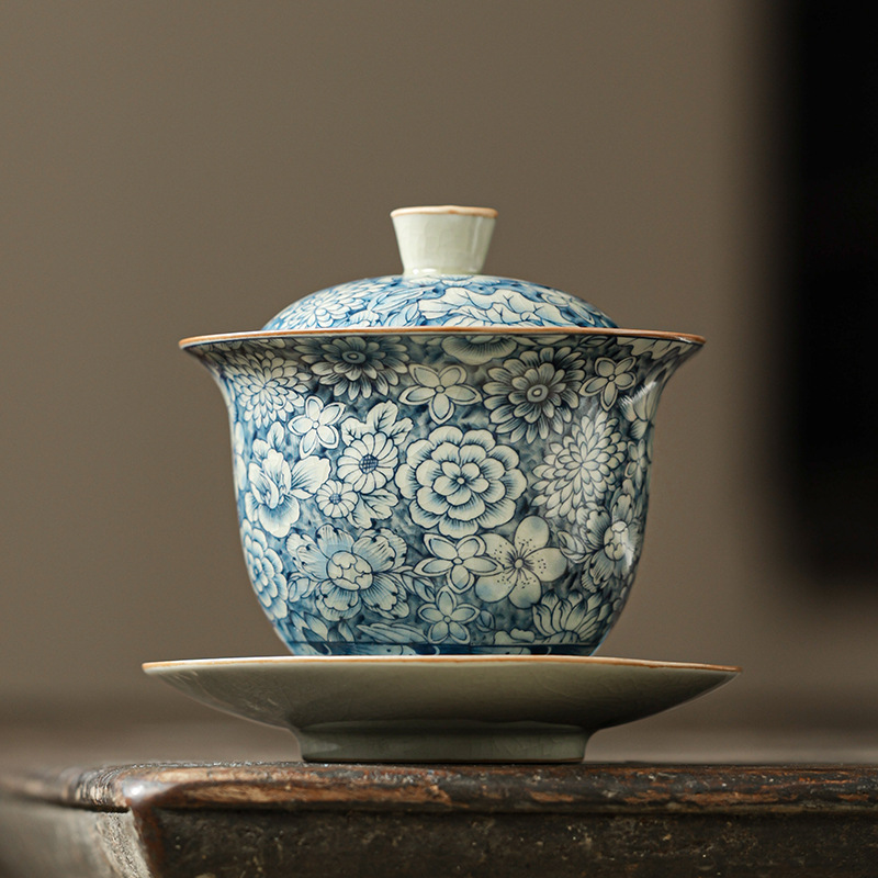 Bát trà nắp tam tài màu xanh trắng không nóng tay bộ trà kungfu gốm sứ cũ bát pha trà gốm sứ gia dụng cao cấp đơn