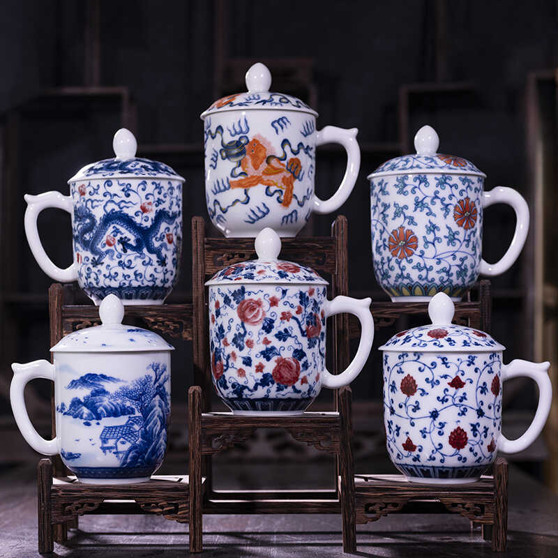 Cốc trà sứ trắng xanh có nắp Cốc nước gốm sứ dung tích lớn Cốc hội nghị văn phòng Jingdezhen sứ trắng xanh dày giả ủi