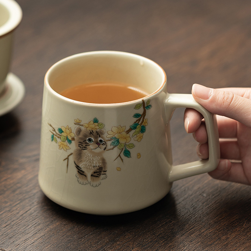 Cốc văn phòng cho mèo dễ thương ở Ruyao, bộ trà có thể nuôi bằng gốm sứ, cốc pha trà lọc, cốc nước, cốc cá nhân gia dụng, cốc có nắp