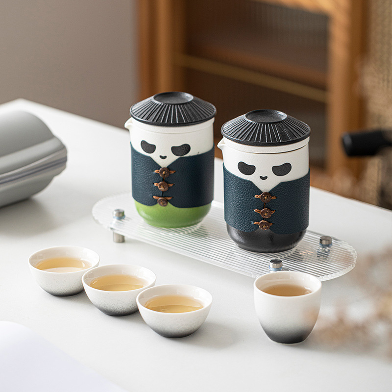 Bộ trà du lịch di động Panda Kuaike Cup Một ấm bốn Cốc pha trà cầm tay ngoài trời Đồng hành doanh nhân biểu tượng Quà Tặng