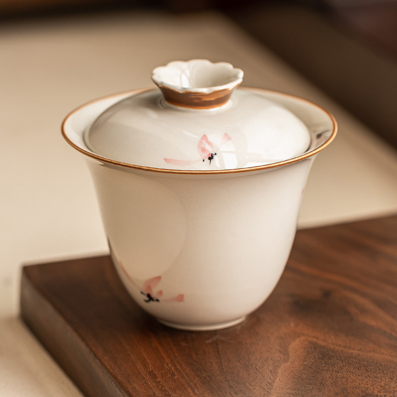 Nhà máy vẽ tay hoa lan màu hồng hai nắp bát bộ trà Kung Fu gốm sứ đơn không nóng cốc trà bát trà có nắp