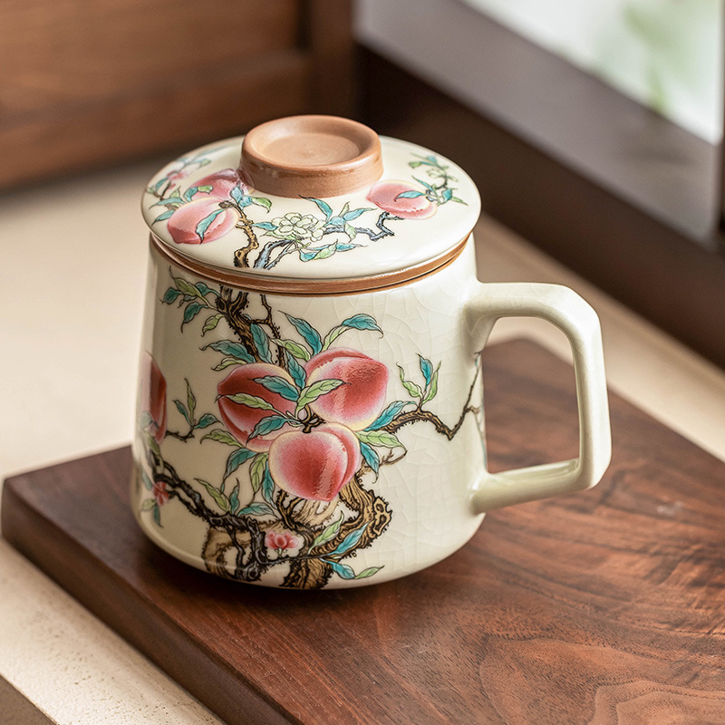 Cốc gốm chín quả đào có nắp đậy cốc gốm sứ gia dụng cảm giác cao cấp cốc văn phòng tách nước trà cốc pha trà