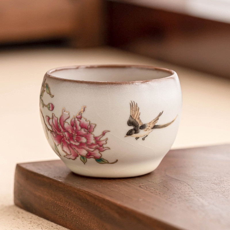Cốc chủ lò Ru cao cấp, thạch mỡ lợn, hoa mẫu đơn, cốc trà, bộ trà gốm sứ, cốc trà Kung Fu, cốc đơn